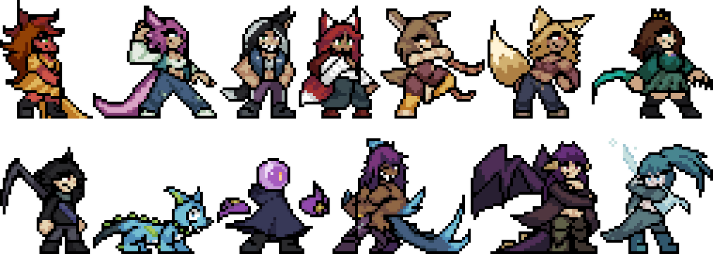 A collage of 13 RoA-sized pixel art sprites. There's 7 characters on the top row, and 6 characters on the bottom row.