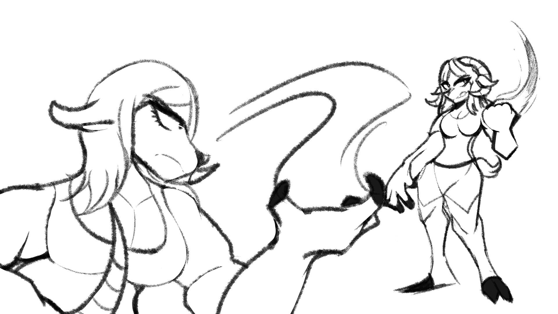 Two sketches of my partner's goat OC, Aria. She seems very angry.